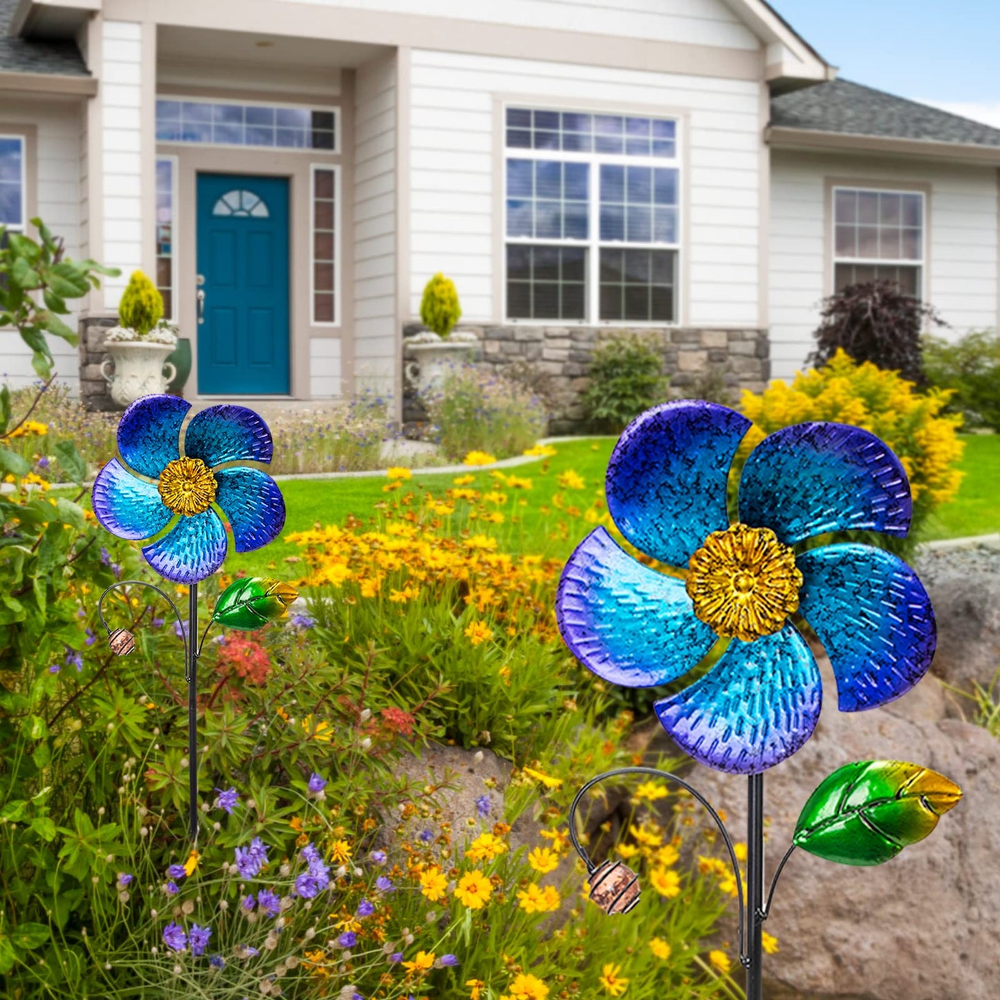 Viveta 2 Pack Wind Spinners With Metal Stake, 28.7 Inches Outdoor Garden Pinwheels Spinners Blue Flower Shape Design For Yard La
