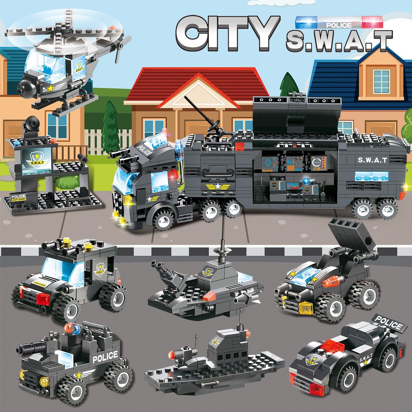 1110 Pcs Swat City Police Station Mobile Command Center Truck Car Building Blocks Set In 25 Different Models Police Cars, Helico