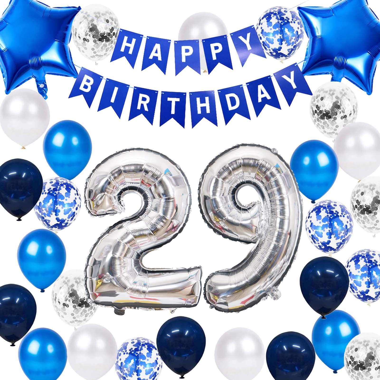 29Th Birthday Party Decoration Blue For Him, Happy Birthday Banner Blue Number 29Birthday Star Foil Balloons Latex Confetti Ball