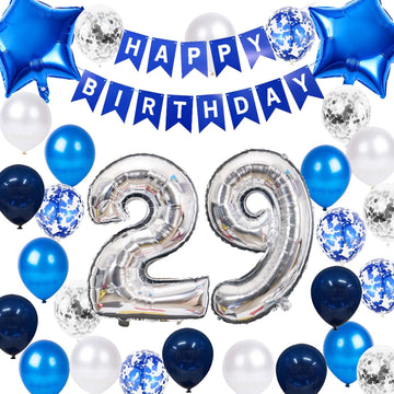 29Th Birthday Party Decoration Blue For Him, Happy Birthday Banner Blue Number 29Birthday Star Foil Balloons Latex Confetti Ball