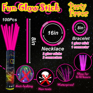 Ilhsty 100 Pk 8'' Pink Glow Sticks Glow Necklaces In The Dark Party Favors Supplies Bright Glowsticks Bulk For Birthday Valentin