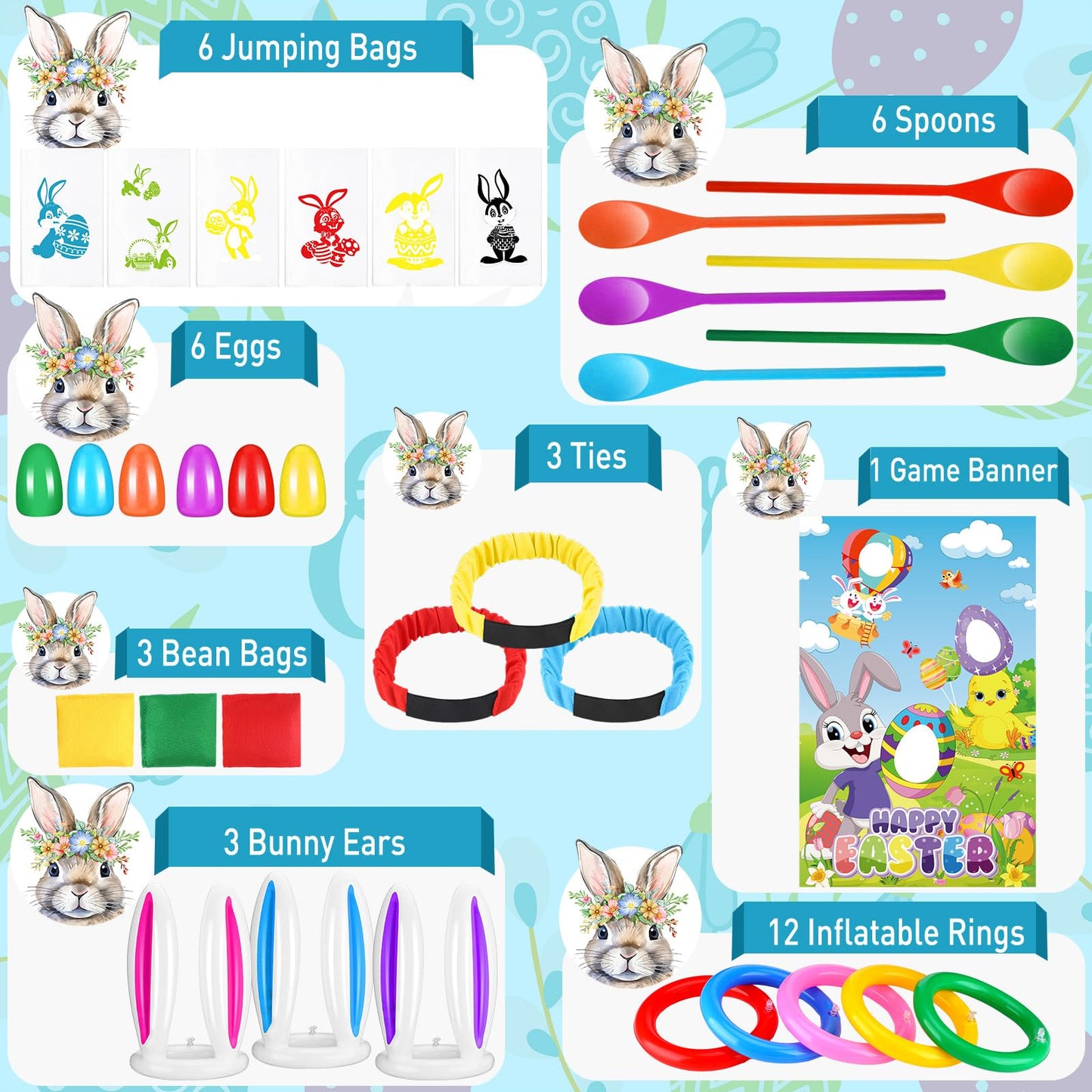 JellyArch 34 Pcs Easter Outdoor Toss Party Games Includes Potato Sack Race Jumping Bags Egg Spoon Race Inflatable Bunny Ring Tos