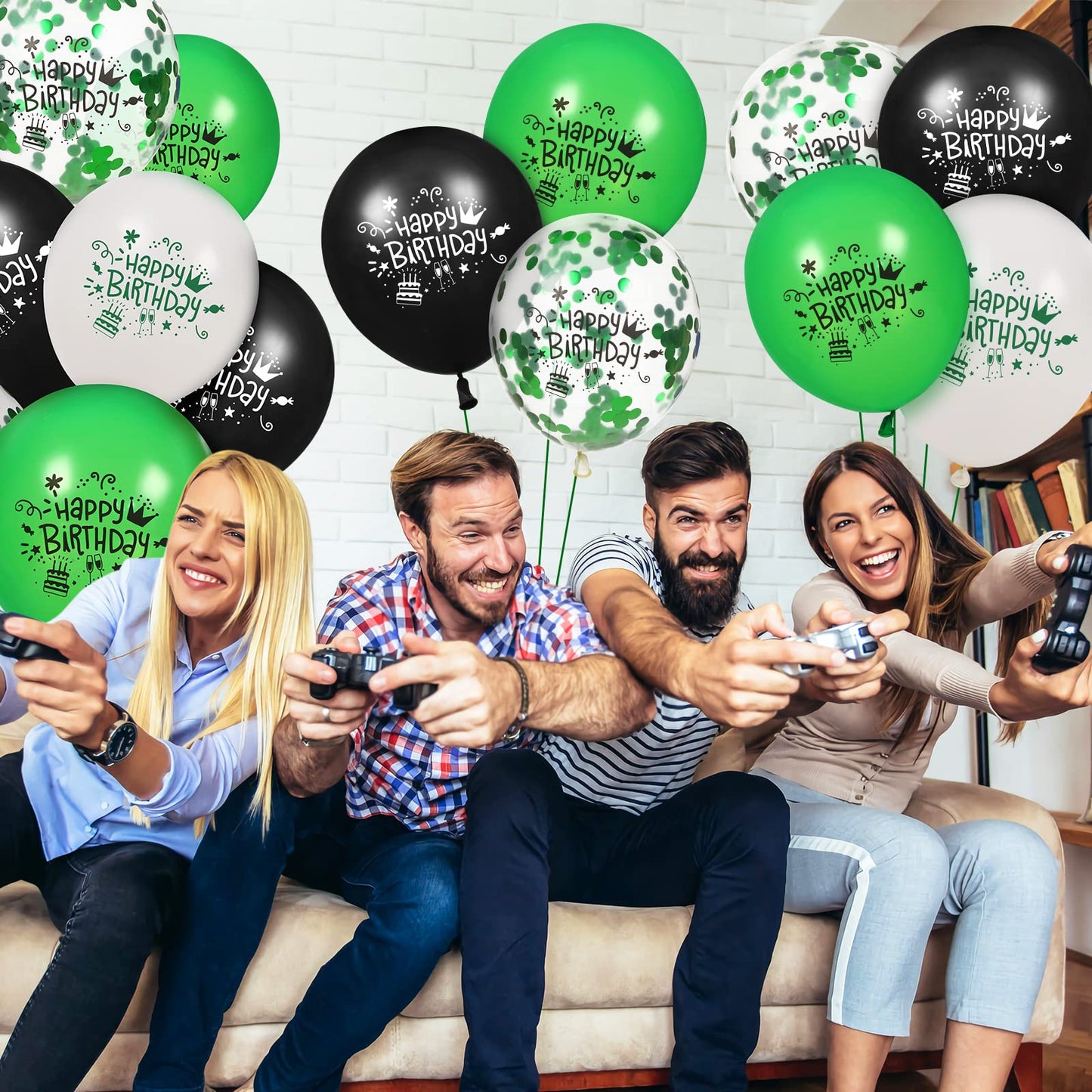 16 Pcs Green Black Confetti Latex Decoration Balloons, 12 Inch Green White Black Happy Birthday Party Balloons For Green Black Jungle Safari Themed Birthday Soccer Football Graduation Party Supplies