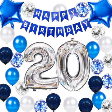 20Th Birthday Party Decorations For Men, Happy20Th Birthday Banner Blue Star Number 20 Foil Balloons 20Th Birthday Latex Confett