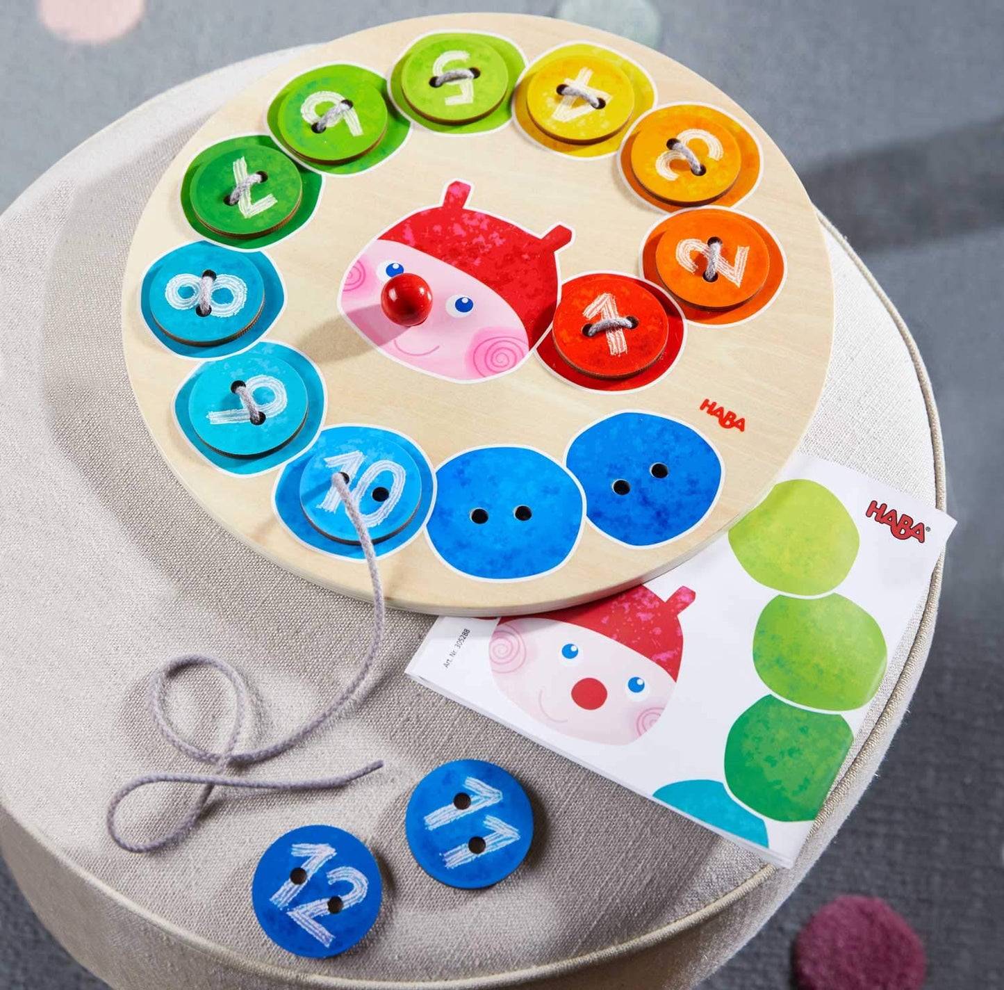 HABA Caterpillar Rainbow Preschool Learning Activity with Colors & Numbers, Threading Game & Fine Motor Skills Toy for Kids, Lac