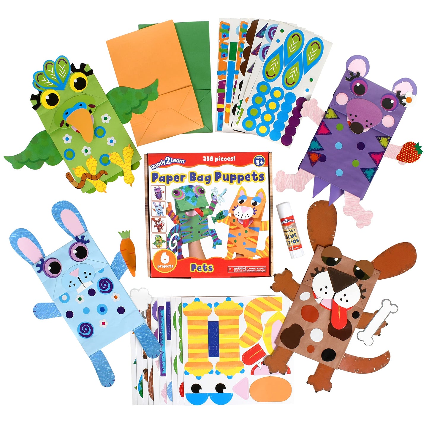 Ready 2 Learn Paper Bag Puppet Pets - 238 Pieces - 6 Animals - Puppet Making Kit For Kids Ages 3-5 - Inspire Creativity, Storytelling And Role Play