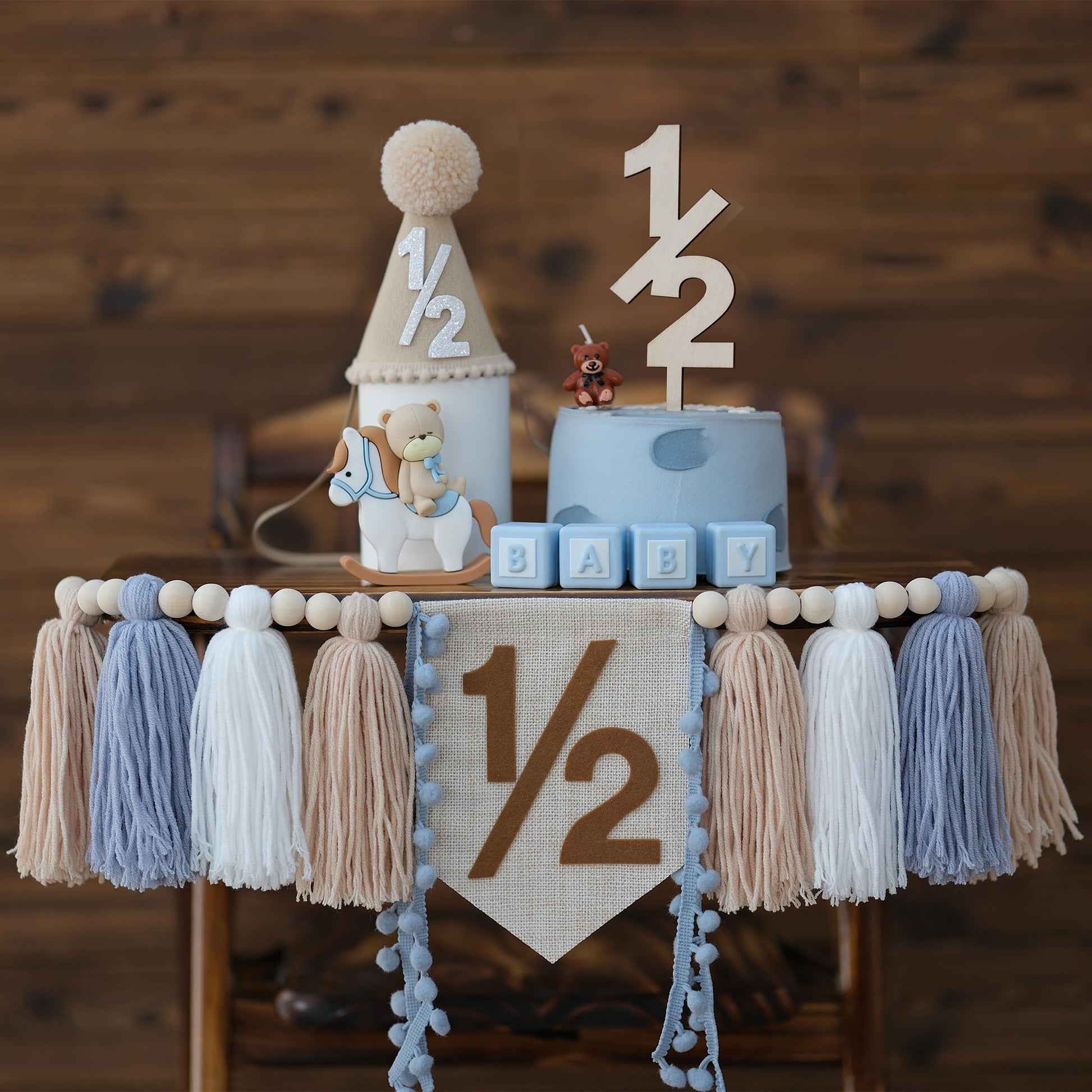 HODIHIWI 1/2 Birthday Decorations For Baby Boys 6 Months Khaki Cone Birthday Hat With Cake Topper Happy Half Year Party Photosho
