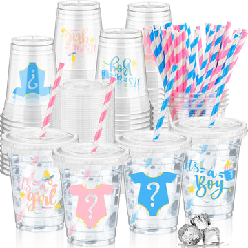 Foldtier 50 Pcs Gender Reveal Party Plastic Cup 12 Oz Gender Reveal Cups Boy Or Girl Thick Clear Cup Lids Straws Gender Reveal P