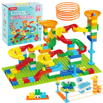 2-In-1 Kids Toys For 2 3 4 5 6 7 + Year Old Boys Girls Toddlers Upgrade Classic Big Bricks Marble Run Building Blocks, Toss Ring Games Compatible With All Major Brands For Christmas Birthday