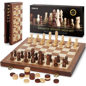2 In 1 Magnetic Chess Set & Checkers Board Game, 15'' Wooden Folding Chess Board With 2 Extra Queens, Portable Travel Chess Set