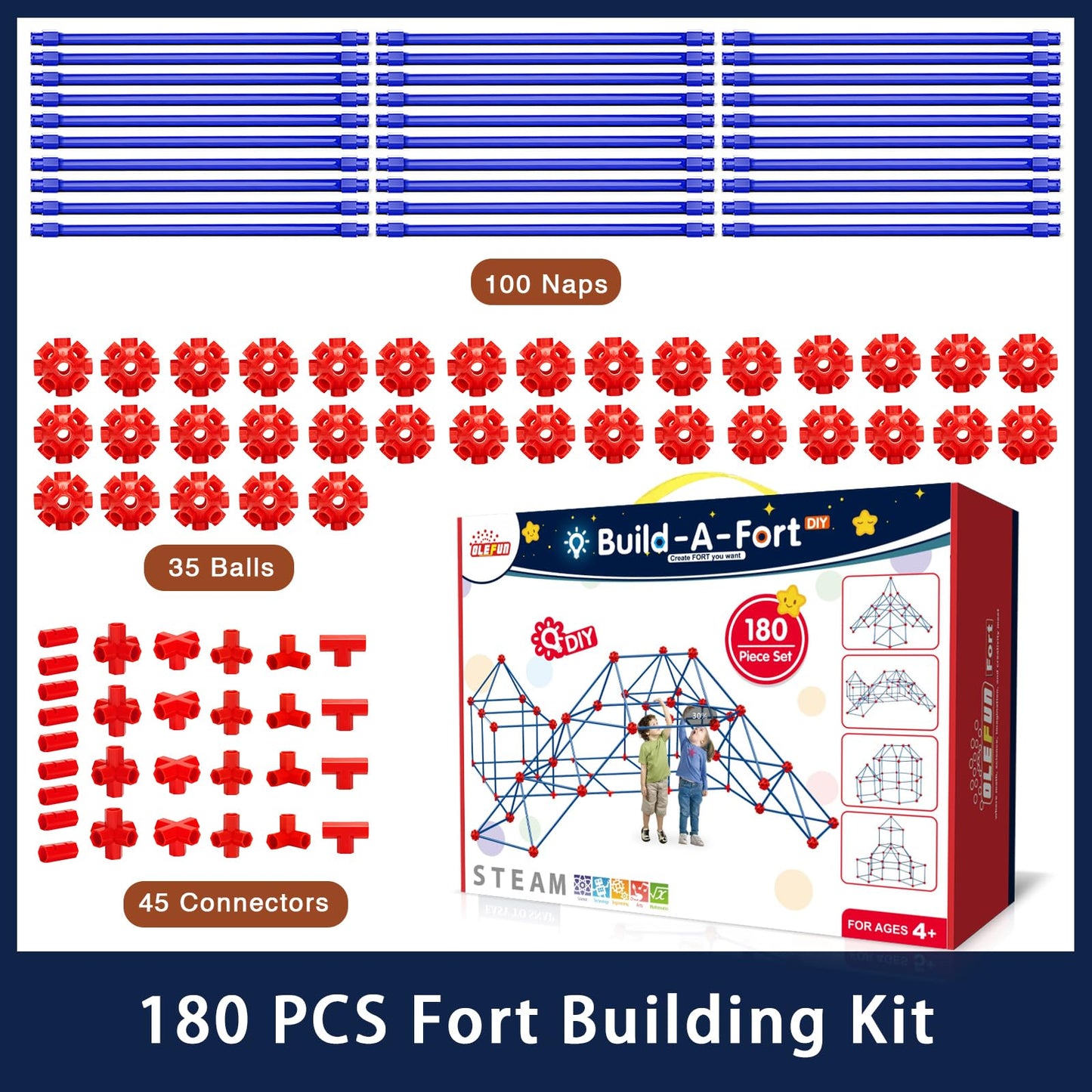 Olefun 180 Pack Fort Building Kits For Kids 4, 5, 6, 7, 8+ Year Old Boys & Girls, Creative Stem Building Toys For Diy Castles, Tunnels, Play Tent, Ideal Gifts For Aged 5-8