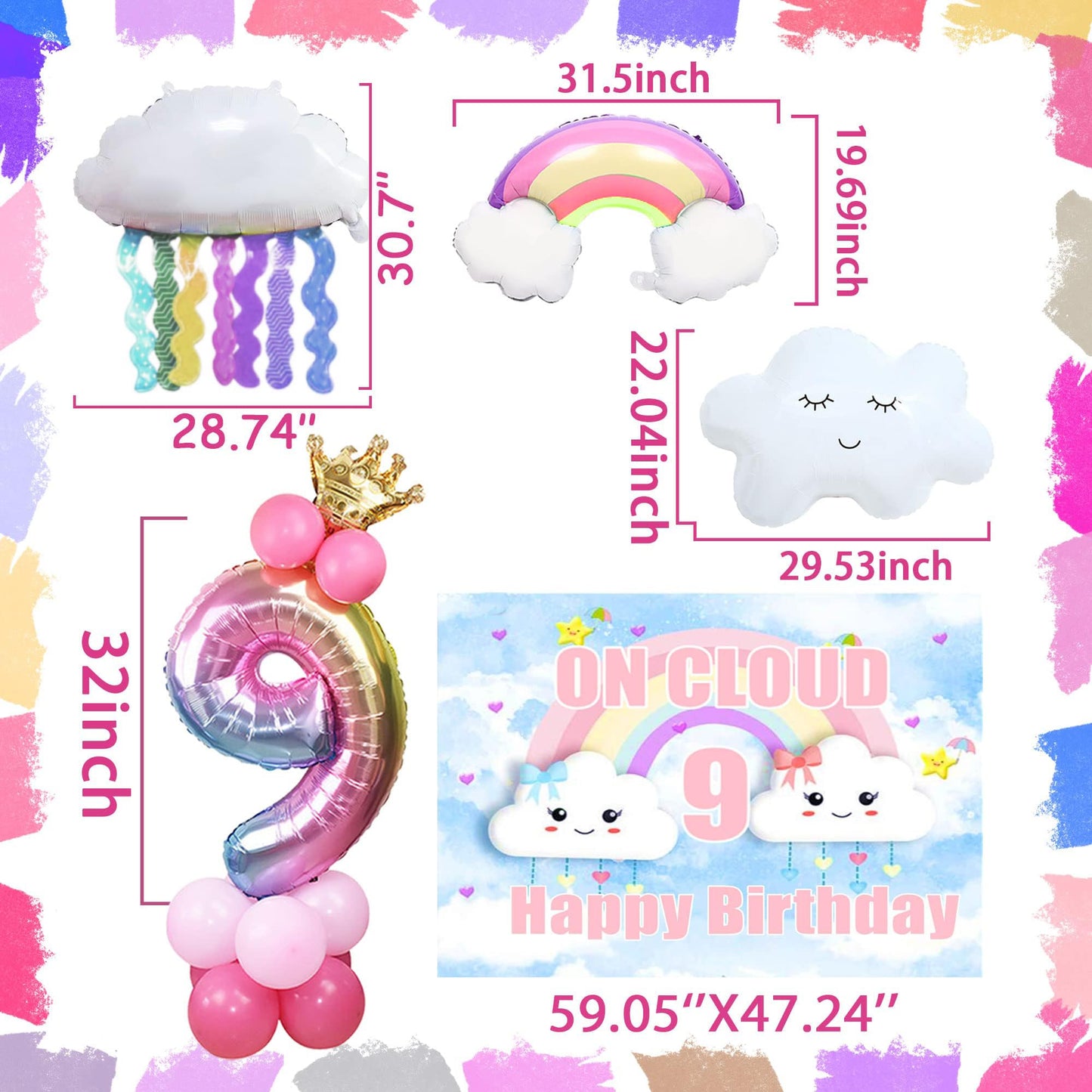 Laventy 35 Pcs On Cloud 9 Birthday Decoration For Girls On Cloud 9 Birthday Backdrop On Cloud 9 Balloons On Cloud 9 Birthday Banner Cloud Balloon Rainbow Balloon