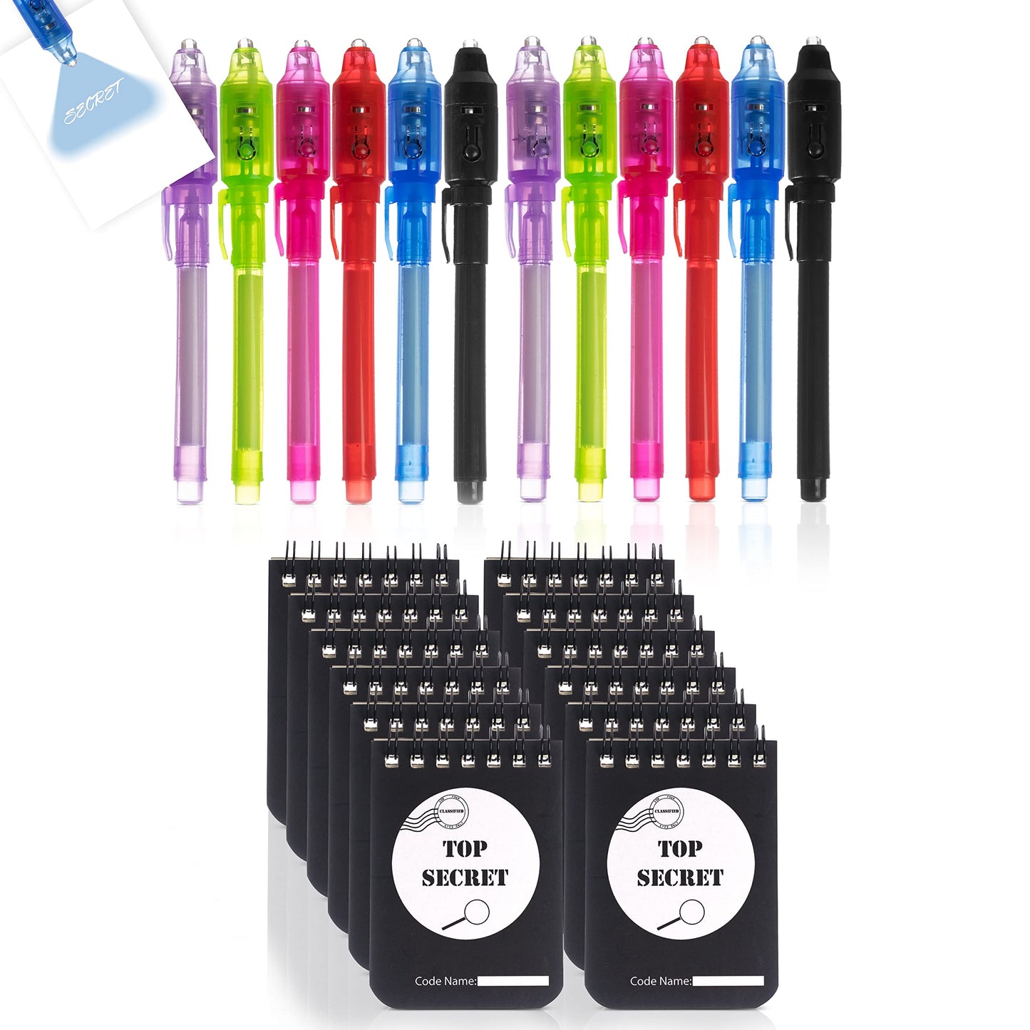 JOYRANGE 12-Pack Party Favors for Kids - Invisible Ink Pens (12) Top Secret Notepads (12) Great Idea for Party Favors and Games,