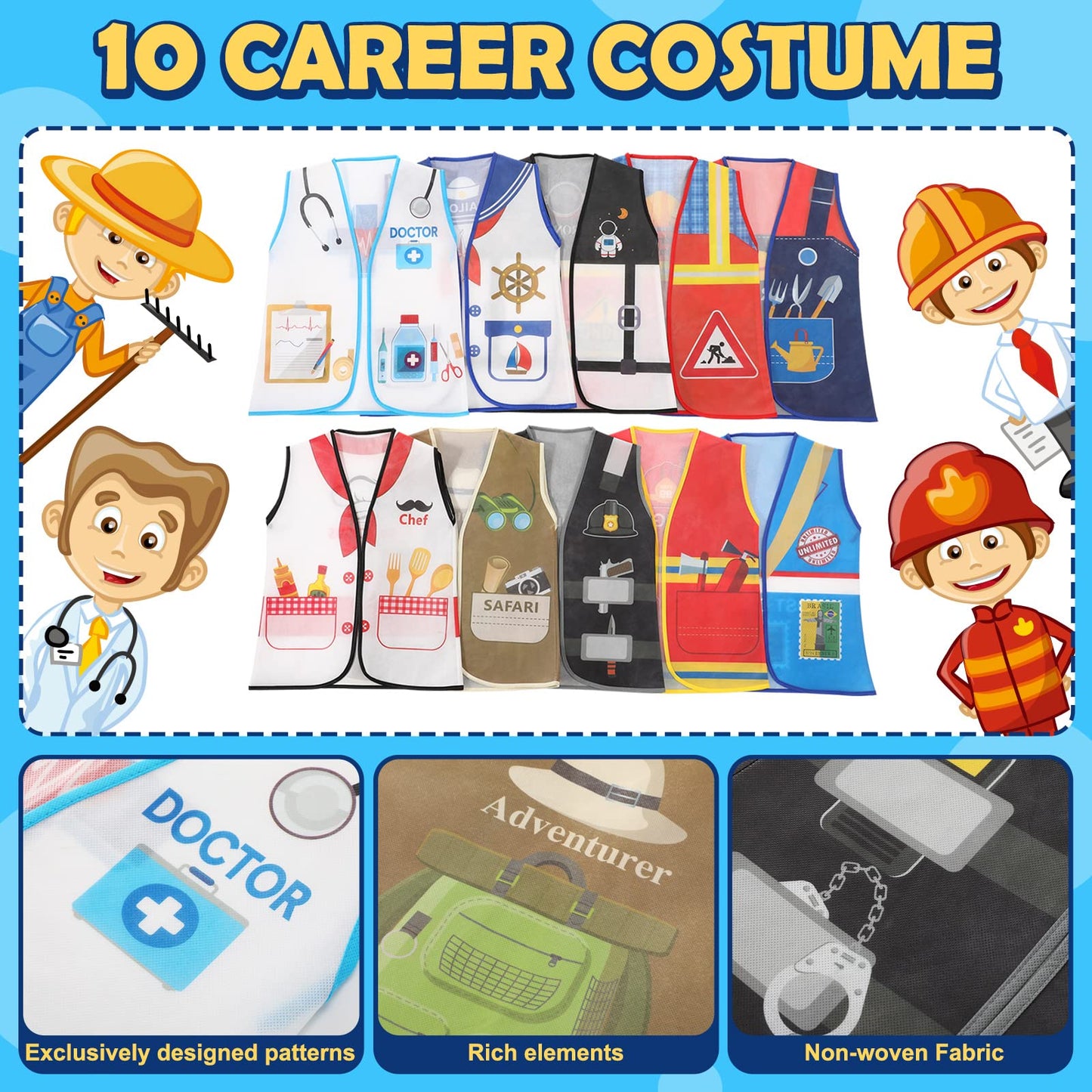 Geyoga 10 Pcs Kids Community Helper Dress Up Vest Career Cosplay Cloth Toddlers Occupation Pretend Play Costume (6-10 Years)
