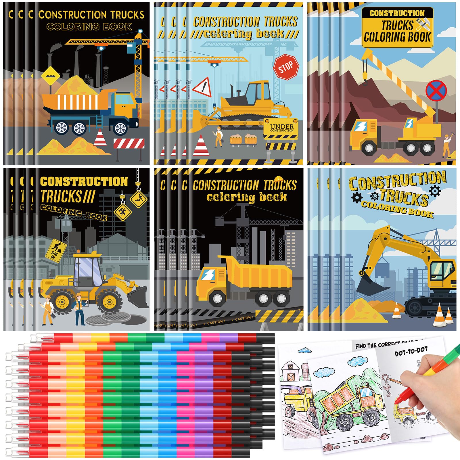 Motipuns 24 Set Valentines Day Exchange Classroom Gifts, 24 Construction Trucks Coloring Book with 24 Stacking Crayons for Stud