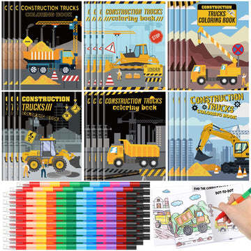 Motipuns 24 Set Valentines Day Exchange Classroom Gifts, 24 Construction Trucks Coloring Book with 24 Stacking Crayons for Stud