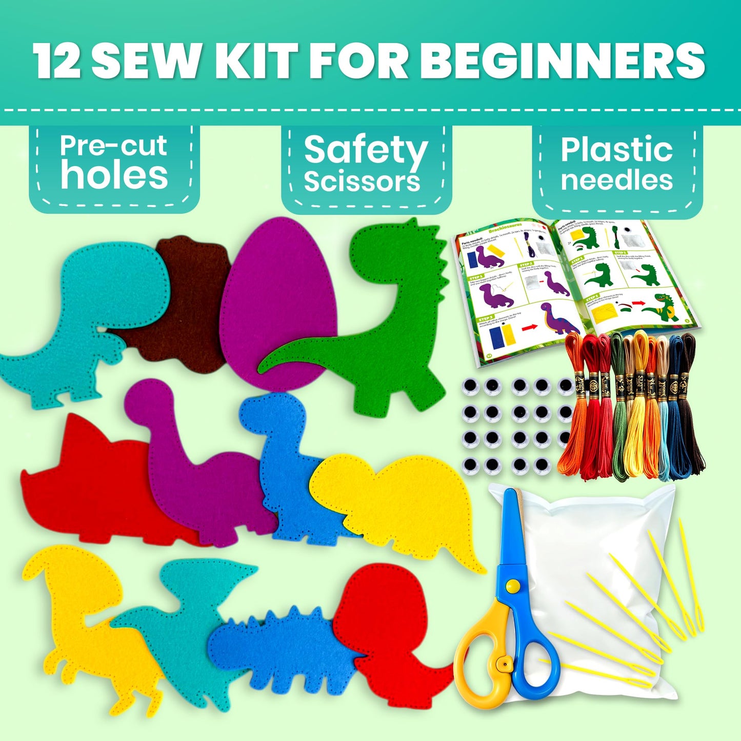 QUOKKA Kids Crafts Ages 7-9, DIY Beginner Needle and Thread Kit - 12 Wild Dino Sewing Kit Basic - Fun Arts Crafts for Kids Ages