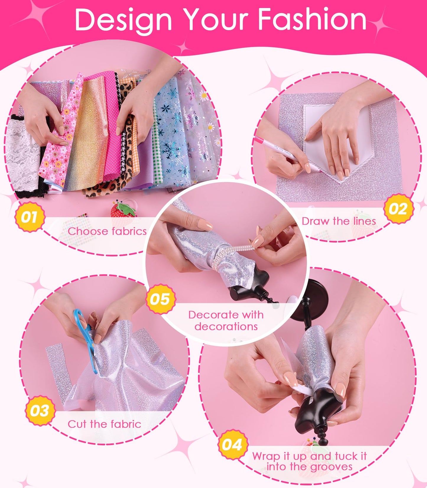 YEETIN 800+ PCS Fashion Designer Kit for Girls - DIY Sewing & Arts Craft Kit with 5 Mannequins, Doll Clothes Making Set, Learn t