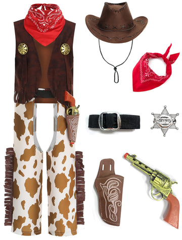 Gz-Laopaitou 8 Pcs Cowboy Costume Set For Boys Kids Cowboy Role Play Halloween Party Cowboy Cosplay Stage Performance Outfits