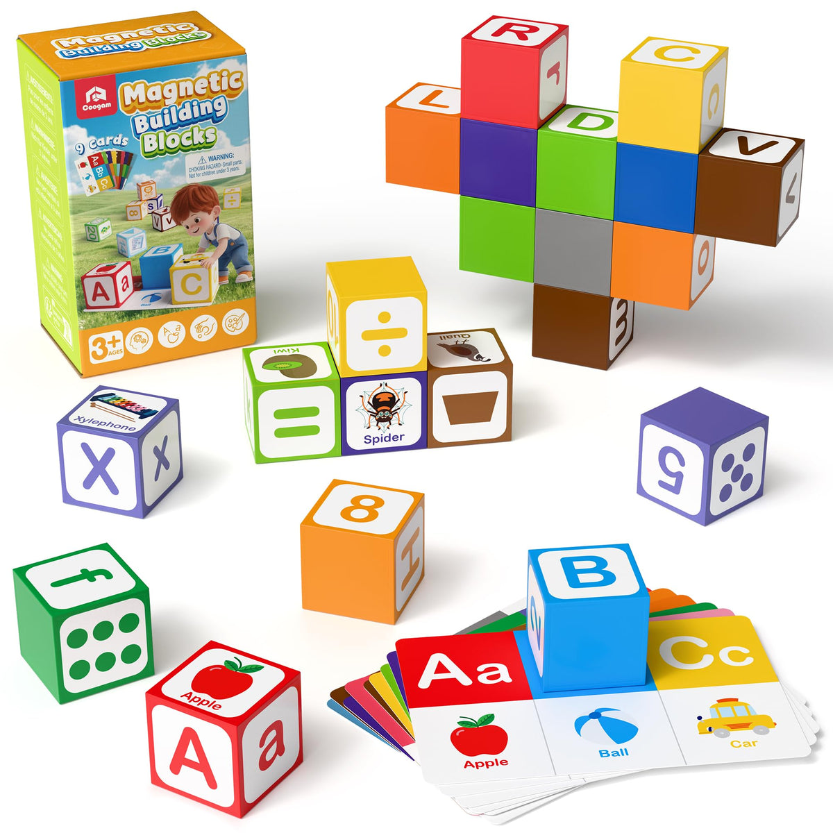 Coogam Magnetic Alphabet Blocks for Learning Numbers, Letters, Shapes, Magnet Construction Game & Toddlers Building Cube, Educat
