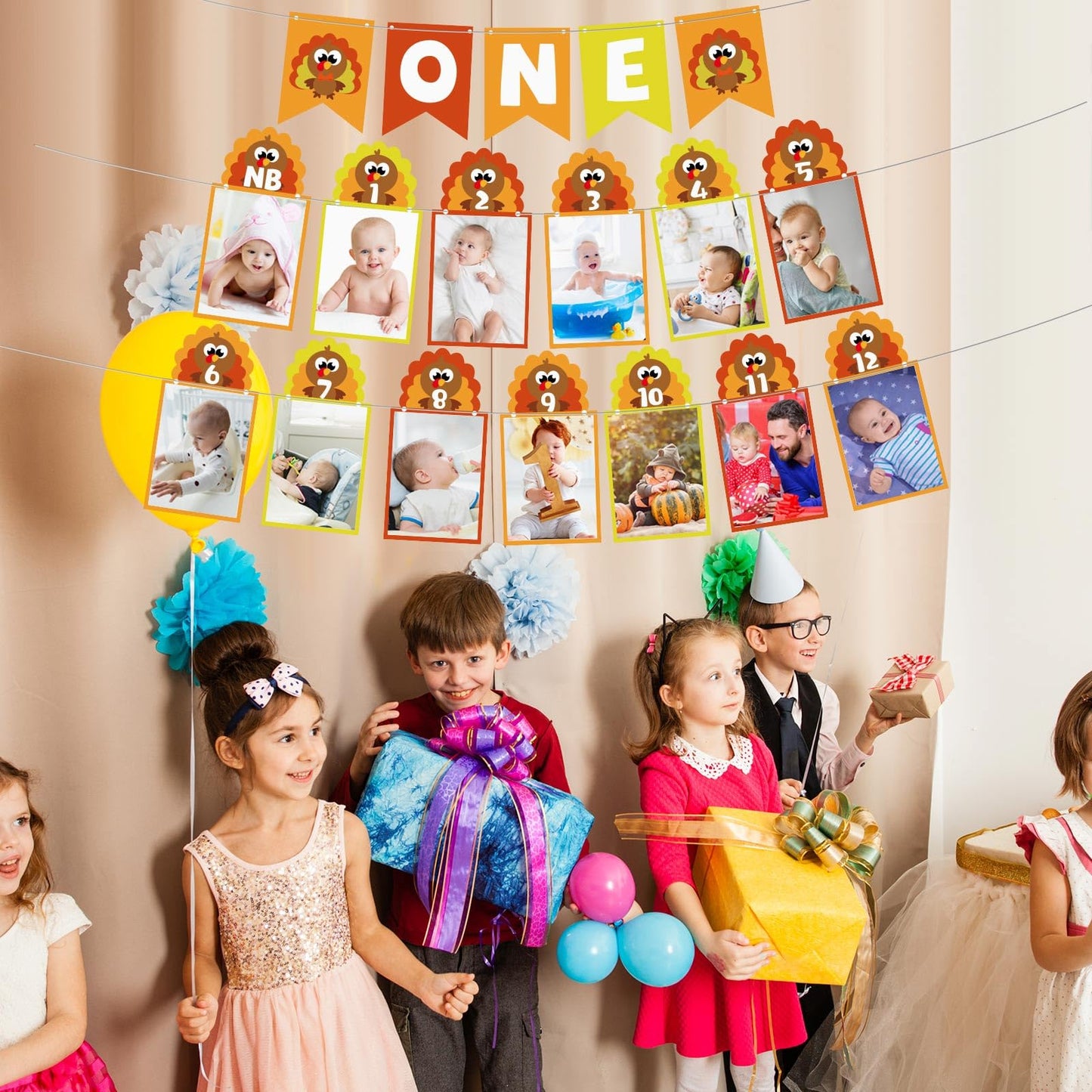 TaoBary Thanksgiving Turkey One Banner Turkey Theme Photo Banner 1st Birthday Monthly Newborn to 12 Month Photo for Thanksgiving
