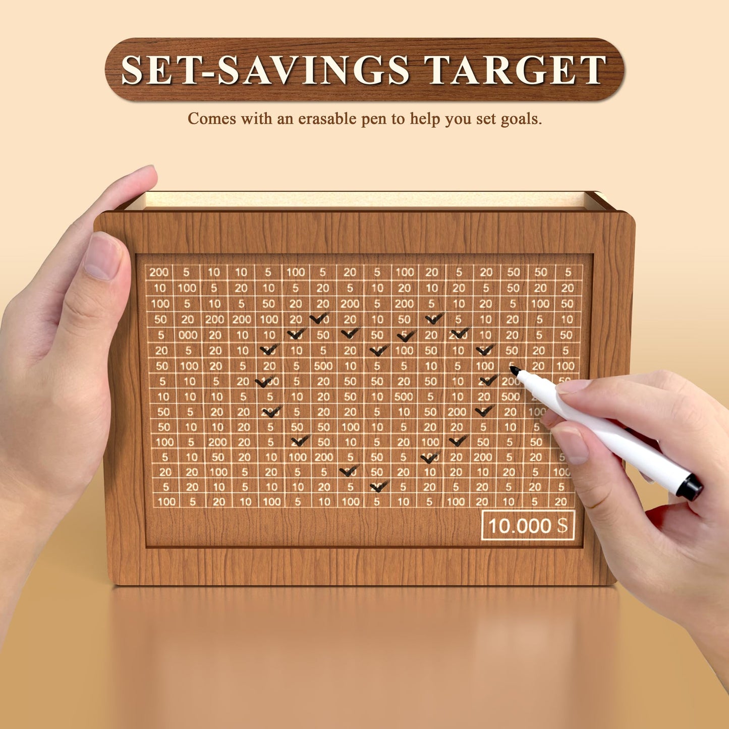 10000 Savings Challenge Box Cash Vault Wooden Coin Bank Money Saving Box With Target And Numbers - Piggy Bank For Kids Adults 10