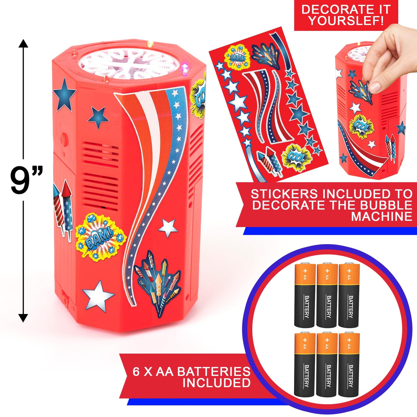 ArtCreativity  Bubble Machine - Bubble Blower Toy with Sound Effects and Flashing LED Lights - Includes Bubble Solution  Batteries  Stickers  for 4th of July  Great Party Supplies