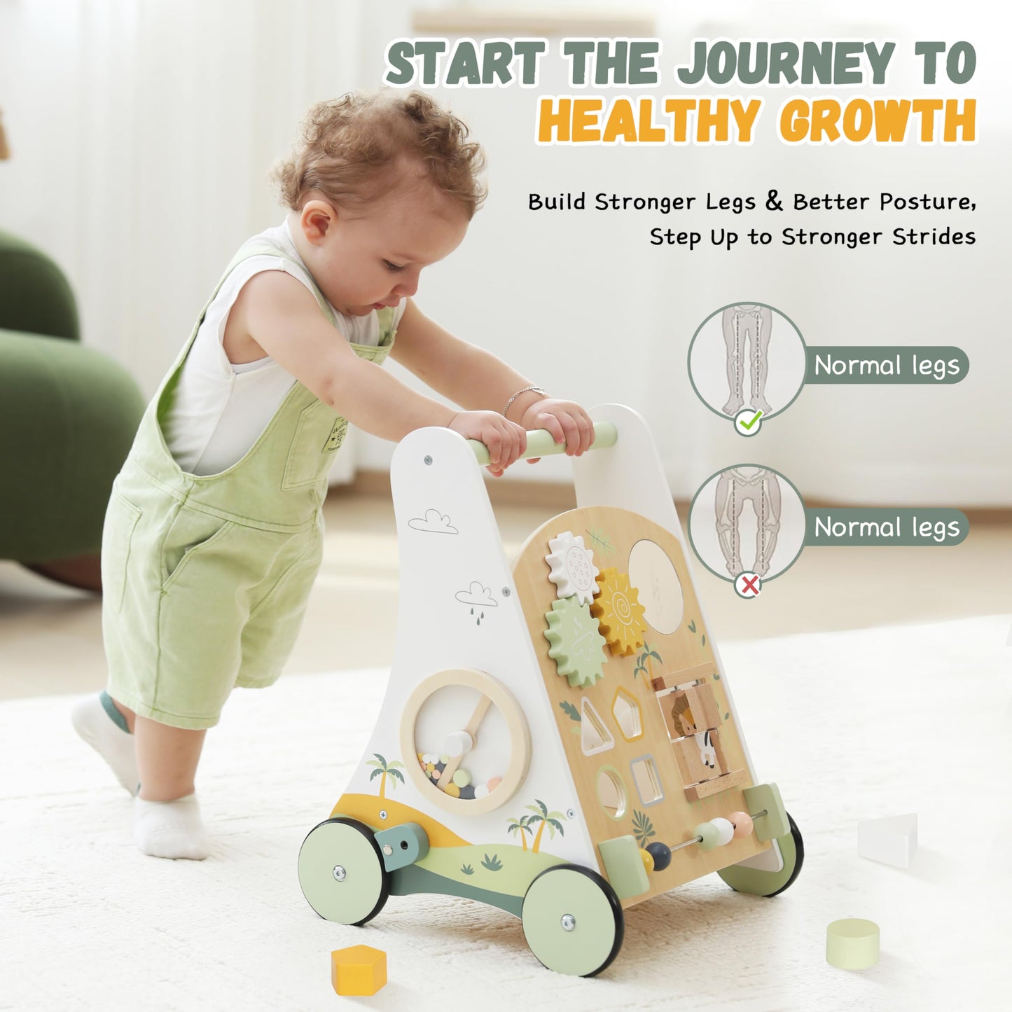 Wooden Baby Push Walker Adjustable Speed Montessori Walker With Activity Center For Boys, Girls And Toddler Toy For Ages 1-3