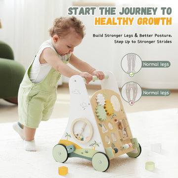 Wooden Baby Push Walker Adjustable Speed Montessori Walker With Activity Center For Boys, Girls And Toddler Toy For Ages 1-3