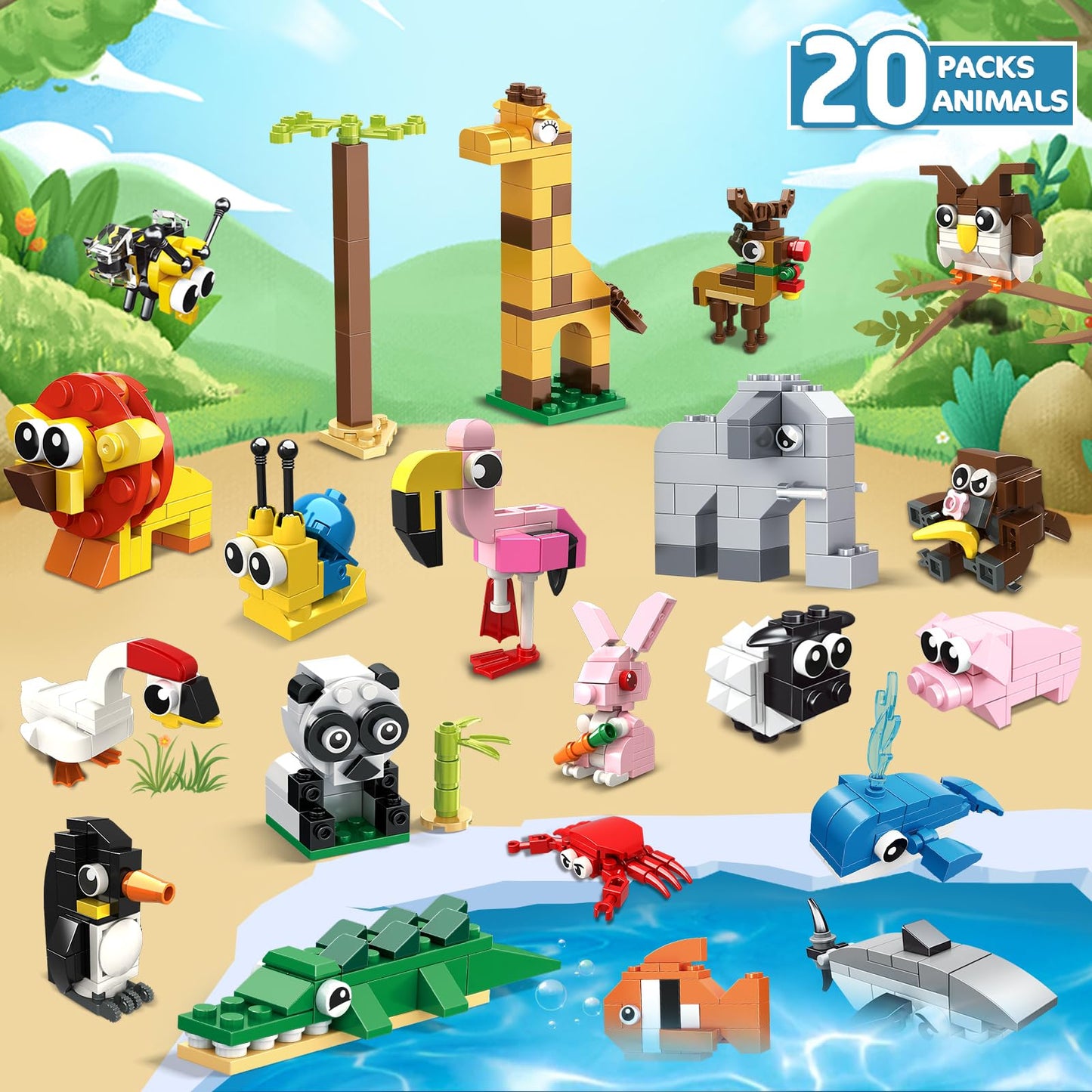 HOGOKIDS Building Blocks Set - 20 Pack Colorful Animal Toys for Kids Ages 6-12, Perfect for Party Favors, Easter Gifts, and Classroom Prizes