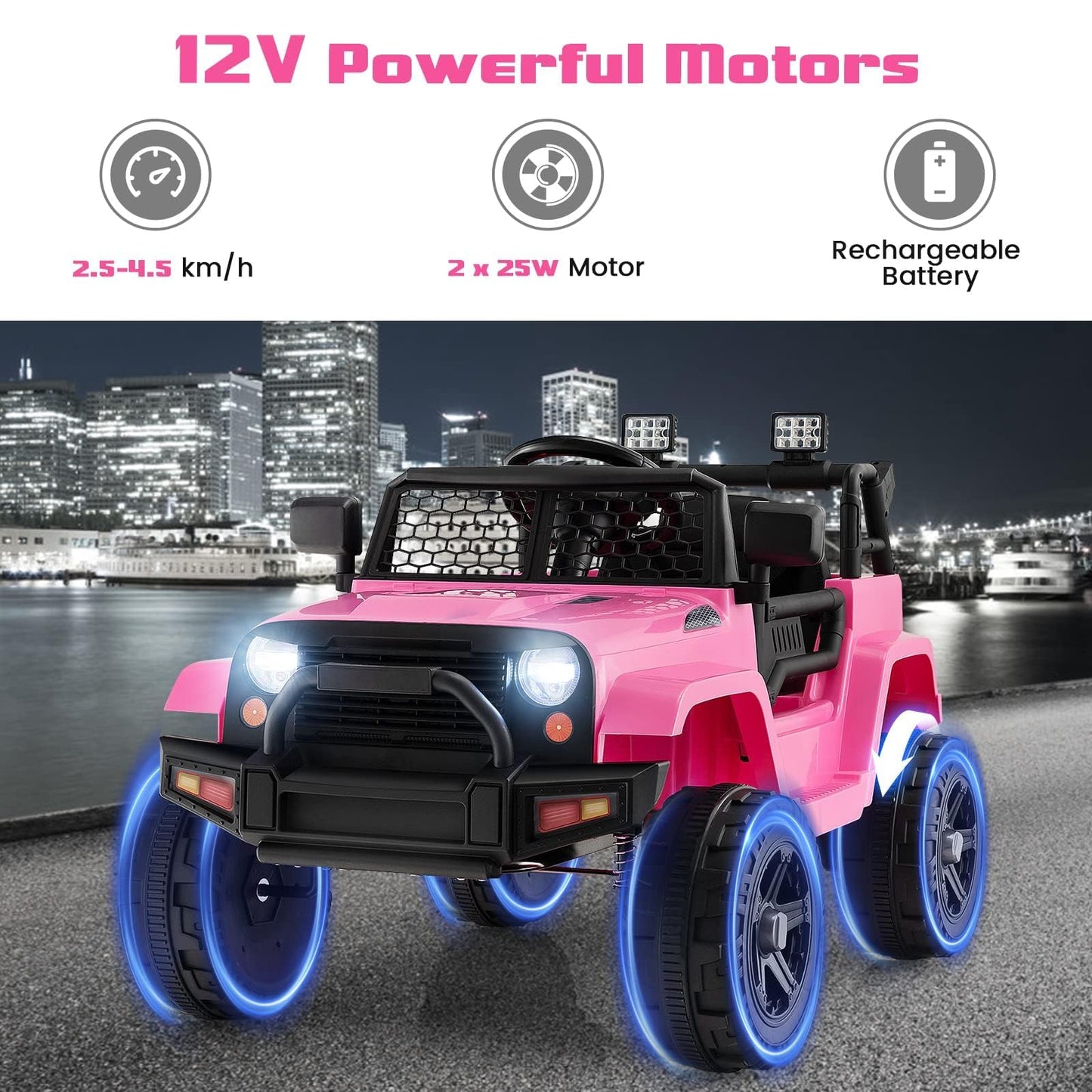 OLAKIDS Kids Ride On Truck  12V Electric Vehicle Jeep Car with Remote Control  Toddlers Battery Powered Toy with 2 Speeds  Spring Suspension  Double Open Doors  LED Lights  Music  TF  USB  Mp3 (Pink)