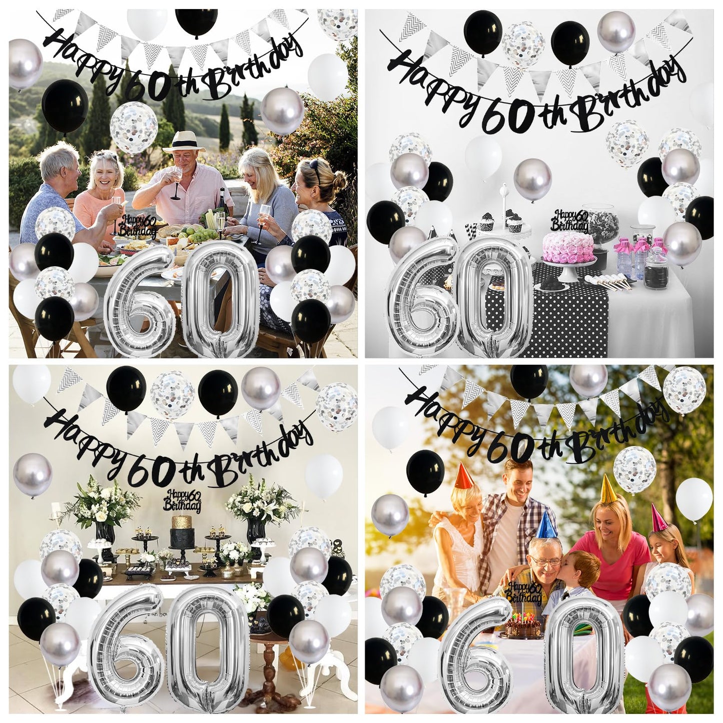 60Th Birthday Decorations For Men Women, Black Silver White Birthday Balloons, Black Happy 60Th Birthday Banner Birthday Cake To