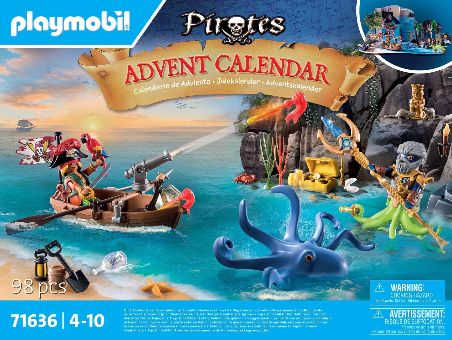 Playmobil Pirates Advent Calendar 71636 - 24 Surprises, Two Figures & Giant Octopus, Multicoloured, Magical Toys for Ages 4+