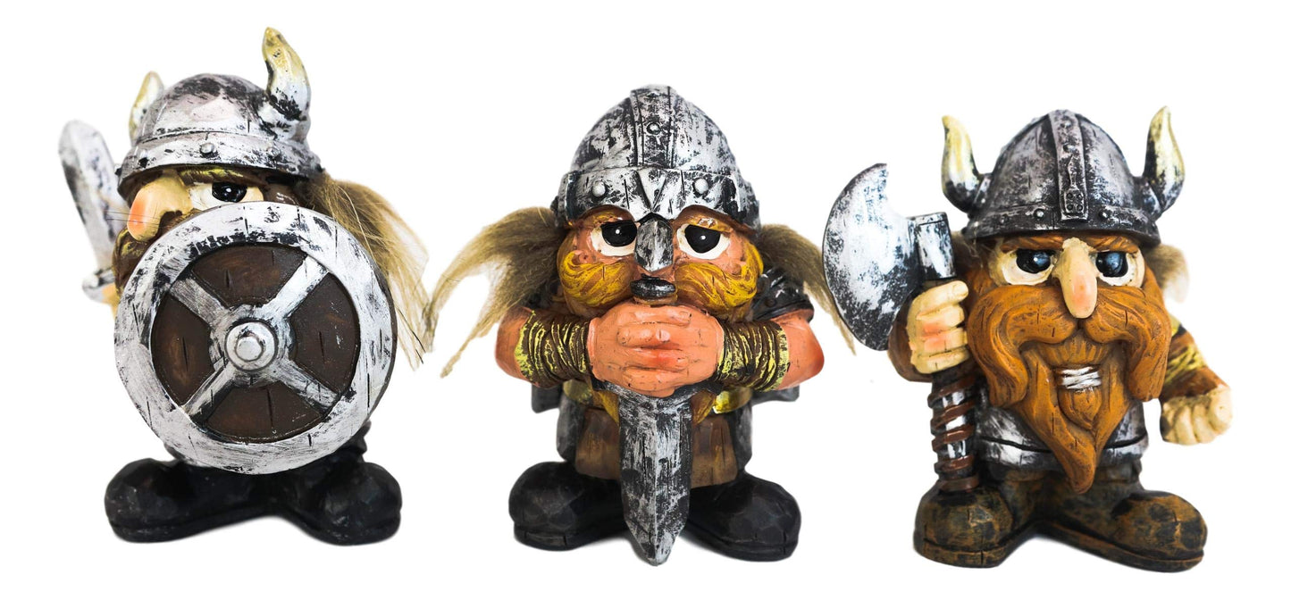 Ebros Gift Small Chibi Norse Viking Wild Berserkers Warriors with Axe decorative replica blade and Shield Statue Set of 3 Norselandic Hero Warlords Decorative Figurines