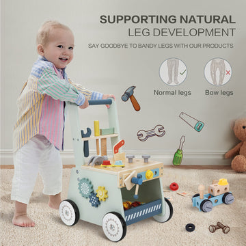 2-In-1 Baby Push Walker - Wooden Push Walker And Tool Toy For Babies - Toddler Learning Activity Walker For Girls Boys 1-3 Years