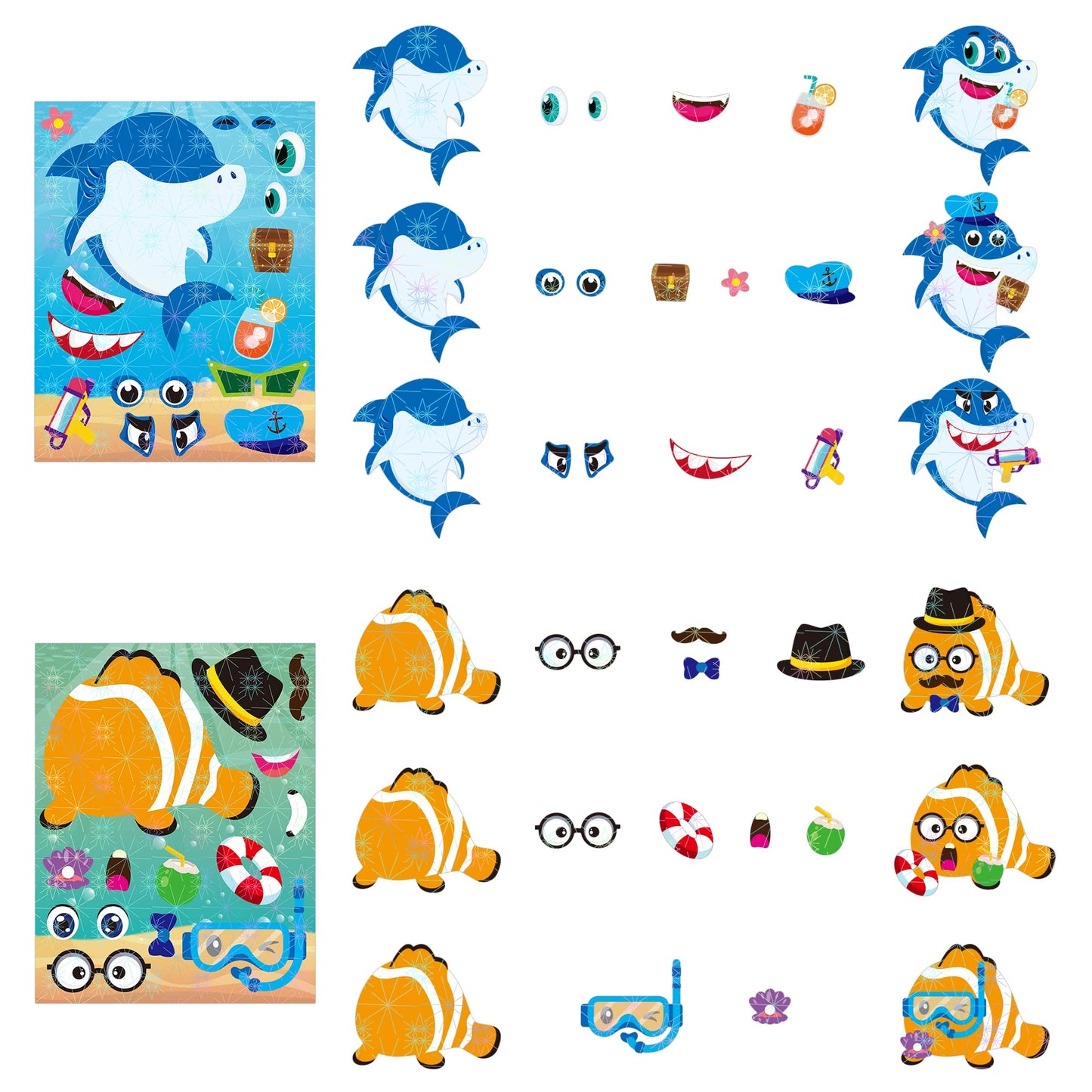 Hubirdsall 45Pcs Sea Make-A-Face Holographic Stickers Ocean Animals Diy Art Craft Rewards For School Kid Teacher Summer Mermaid Party Favor Sticker For Birthday Gift Children Room Ocean Decorated