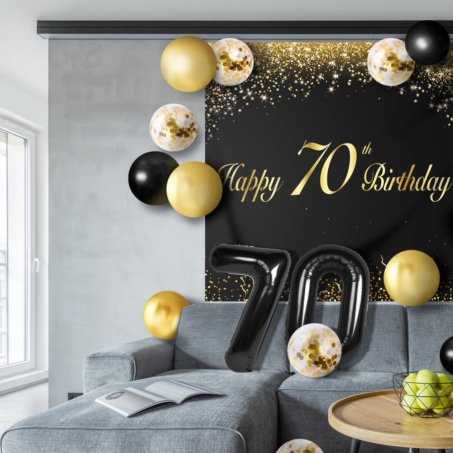 Happy 70Th Birthday Balloons Black Set Decor - Cheers To 70 Years Old Party Theme Garland Banner Backdrop Decorations For Women