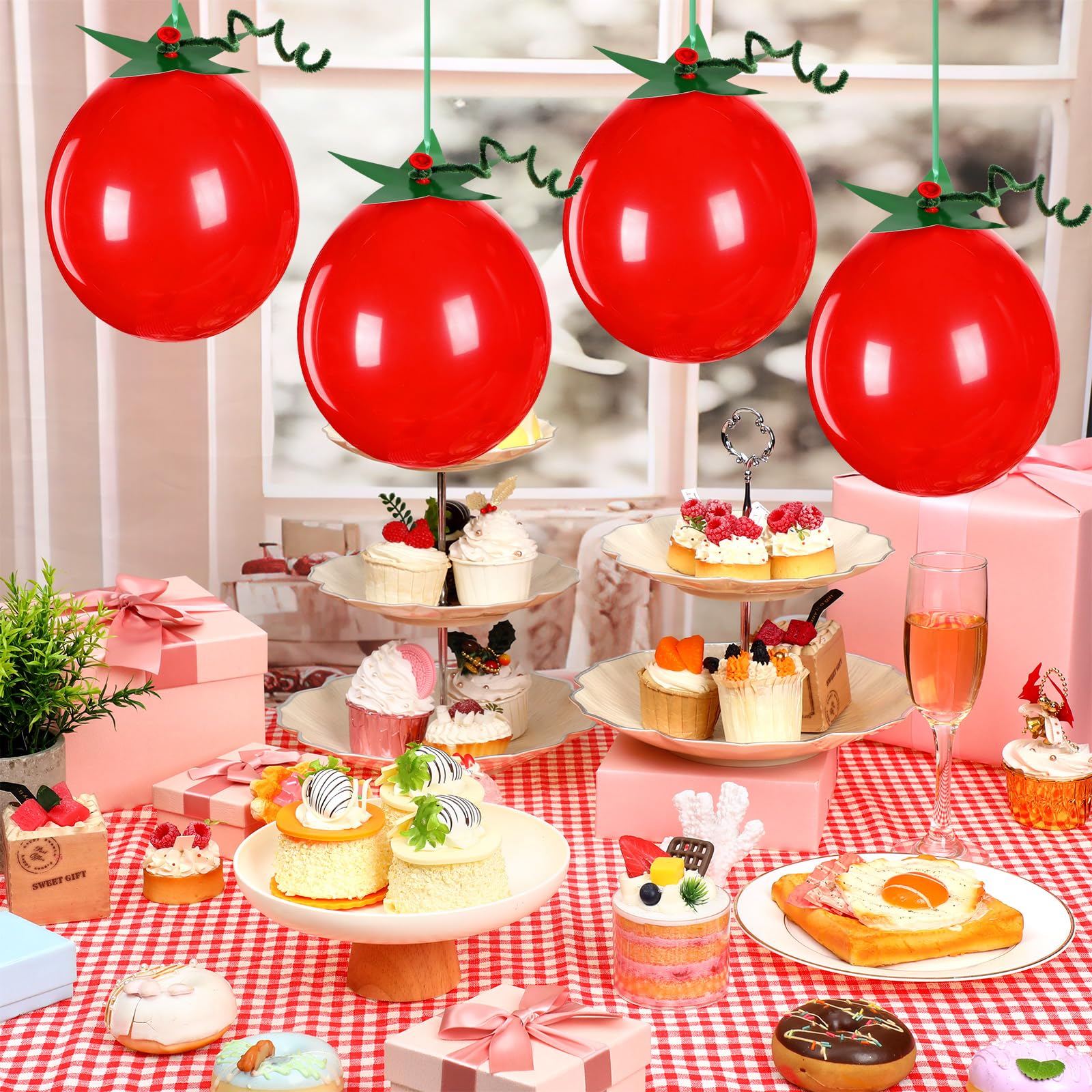 Gejoy 100 kit DIY Tomato Balloon Pizza Party Decoration 10 Inch Tomato Shaped Balloons Twist Ties Green Ribbon Leaf Shaped Cards