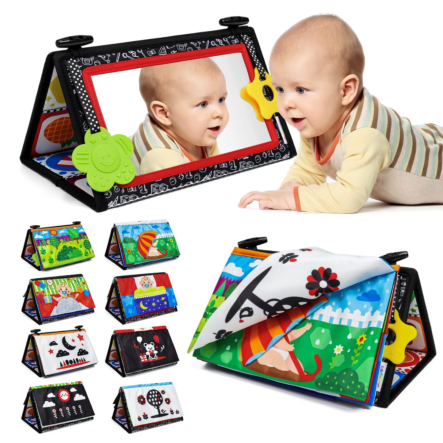 Dr.Rapeti Tummy Time Floor Mirror For Baby Infant Toddler Kids Black And White High Contrast Baby Toy With Crinkle Cloth Book Teethers Floor Activity Toy Washable Non-Toxic