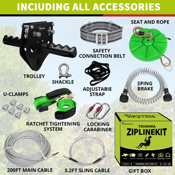 TRSMIMA Zipline Kit for Kids and mature-themed 200ft Zipline with Spring Brake Safety Harness Zip line Trolley Ratchet Tighten System Support 330 lbs