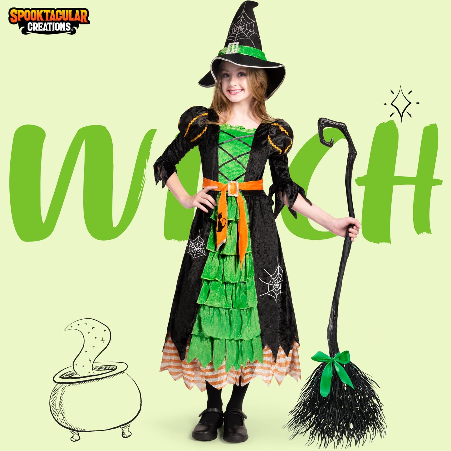 Spooktacular Creations Fairytale Green Cute Witch Dress Halloween Costume Deluxe Set With Hat For Girls (M)