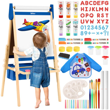 Belleur All-In-One Art Easel For Kids With 2 Paper Rolls & Deluxe Accessories, Adjustable Magnetic Double Sided Whiteboard & Chalkboard, Painting Kid Easel For Toddlers 2-8, Ideal Christmas Gift