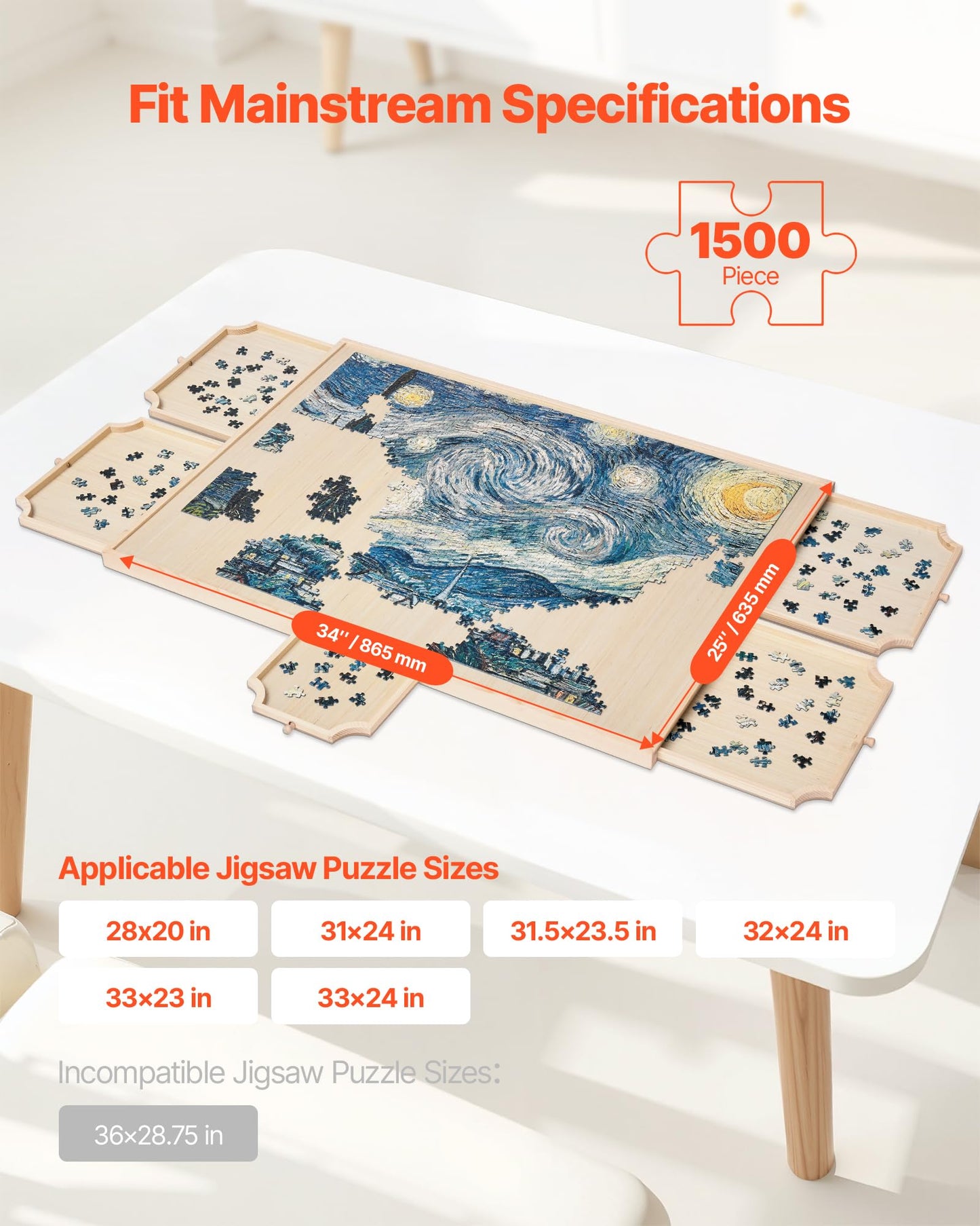 VEVOR 1500 Piece Rotating Puzzle Board with 5 Drawers and Cover, 34x25 inch in Portable Wooden Table, Jigsaw Puzzle Accessories