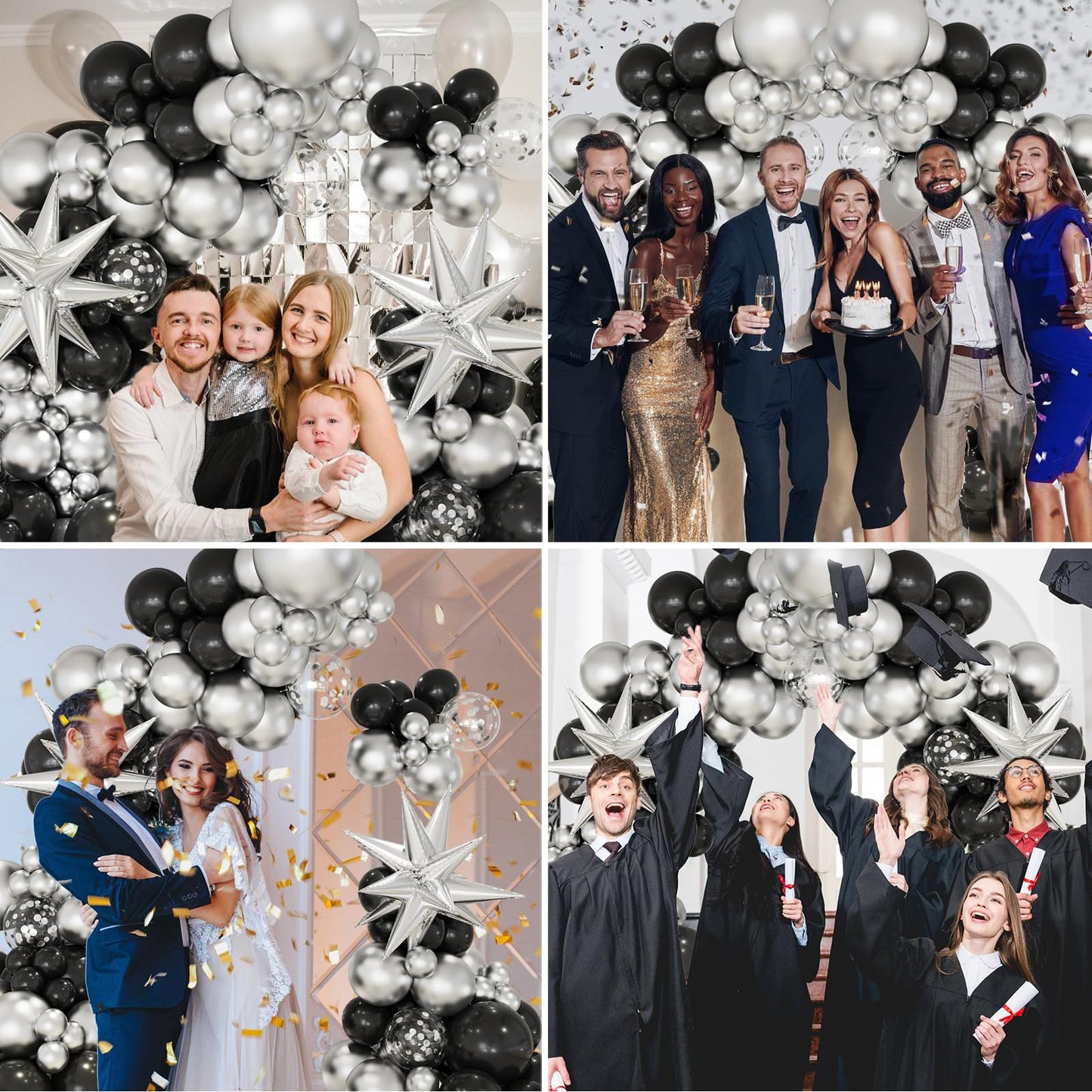 Black And Silver Balloons Garland Arch Kit, 146Pcs Metallic Silver And Black Balloons With Silver Exploding Star Foil Balloons F