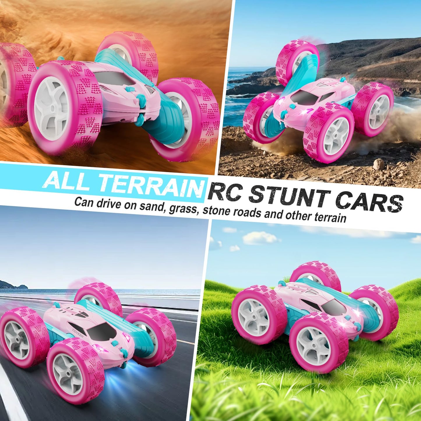 HIEKYOIT Remote Control Car, Pink RC Cars for Girls, 2.4 GHZ Double Sided RC Stunt Car 360 Rotating Remote Control Crawler with