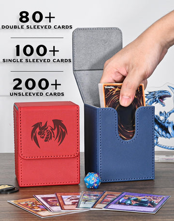 Uaono Card Deck Box For Yugioh Mtg, 100+ Deck Case With 2 Dividers Fits Tcg Ccg Ptcg, Pu Leather Strong Magnet Card Storage Box Compatible With Magic Commander Trading Cards (Navy, Sky Dragon)