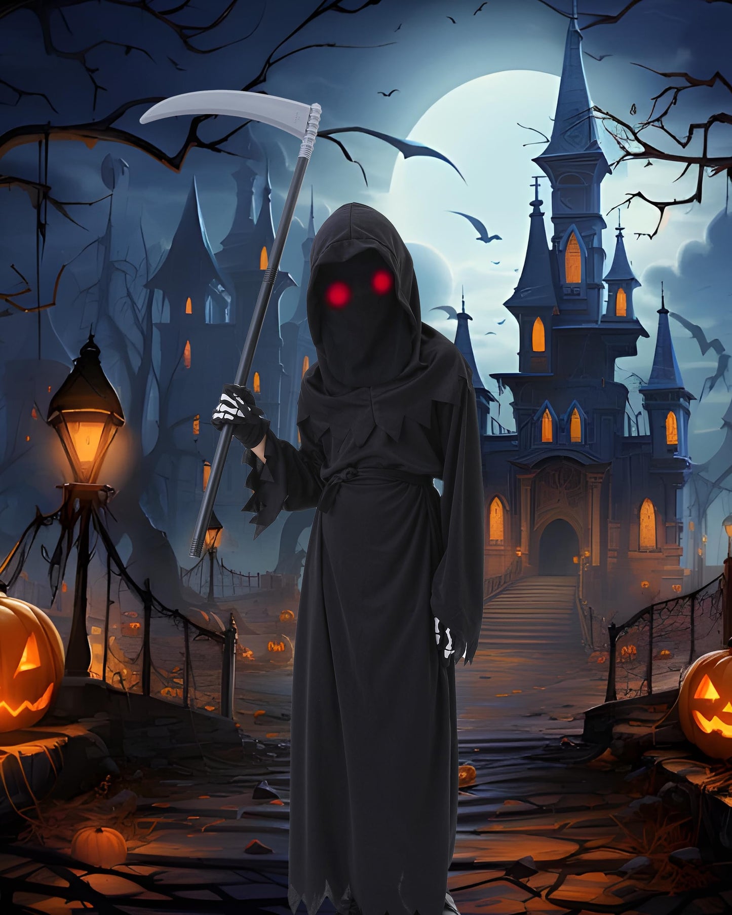 Clothand Grim Reaper Costume Kids Set, Death Scary Halloween Costumes For Kids Boys, Scary Ghost Cosplay Outfit Halloween Party