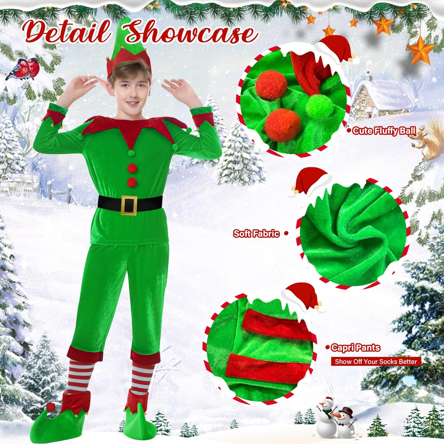 DITAIX Christmas Elf Costume for Boys - 6PCS Santa's Helper Costume - Velvet Elf Outfit Set for Kids Christmas Party (Boys Elf  Large(11-12 Years))