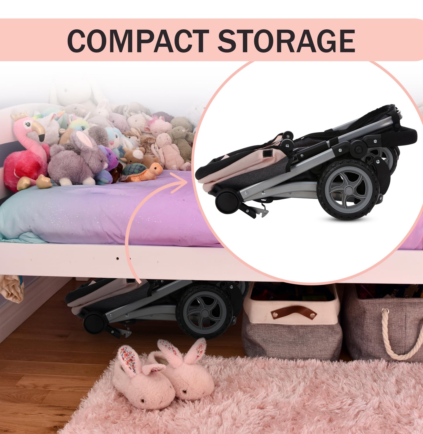 Dolls To Play Baby Doll Convertible Pram Stroller For Kids, Adjustable Handle Foldable Buggy Carriage With Canopy And Storage Ba