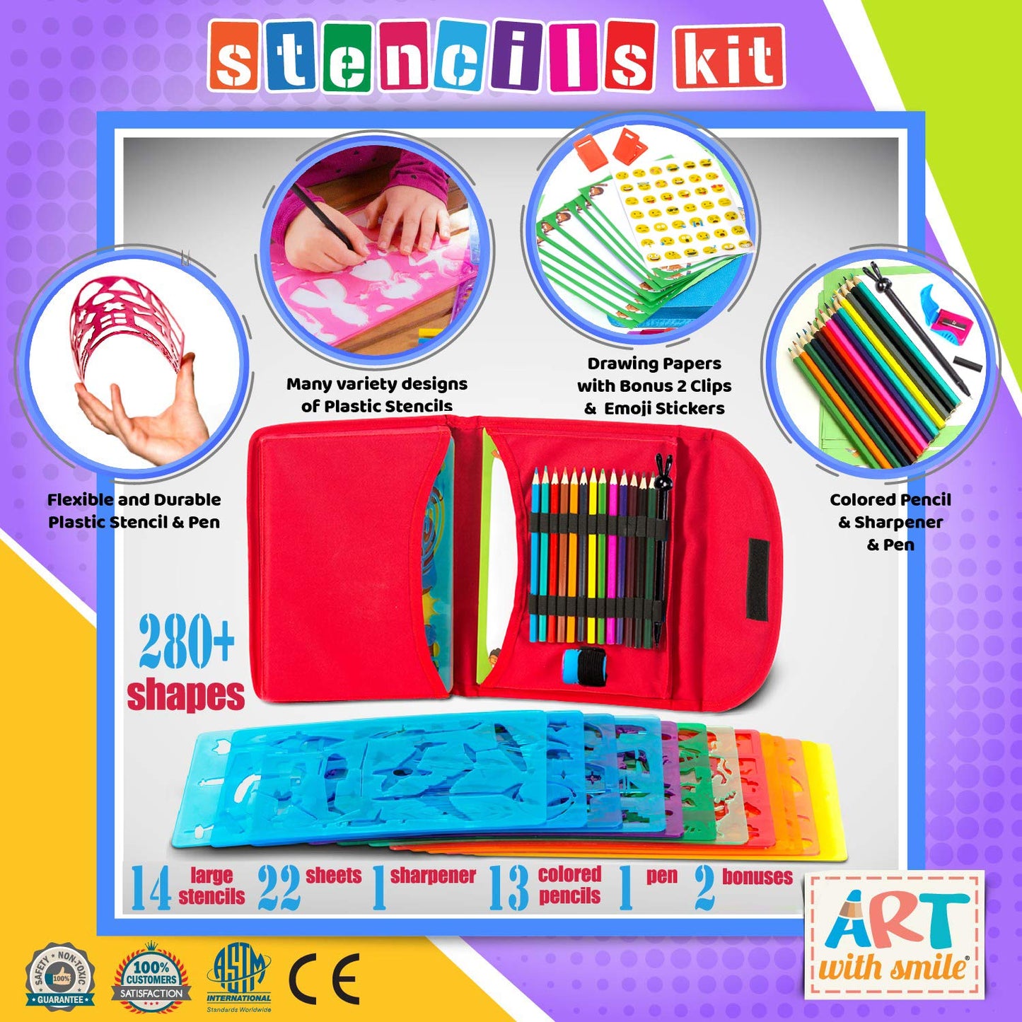Art with Smile Drawing Stencils Kit - 300 Shapes, A4/Letter Size, Child-Safe, Non-Toxic, Red Carry Case, Perfect for Kids' Creativity
